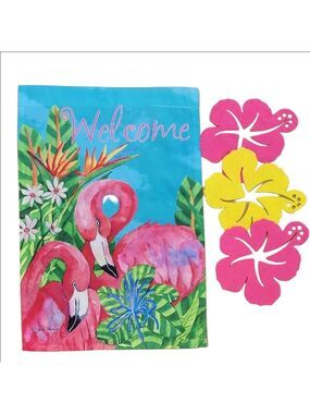 Flamingo Welcome Garden Flag With Floral Accents EUC/NWOT